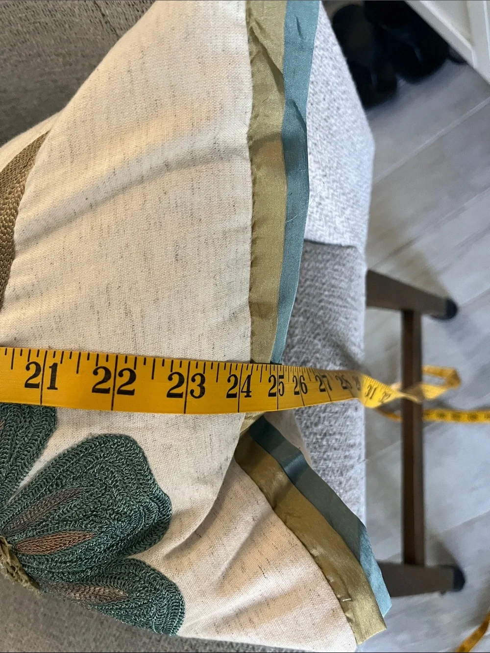 Pier 1 floral embroidered textured  boho lumbar pillow olive teal ribbon trim